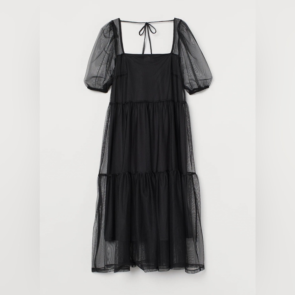 H&M Black Tiered Midi Dress with Puff Sleeves